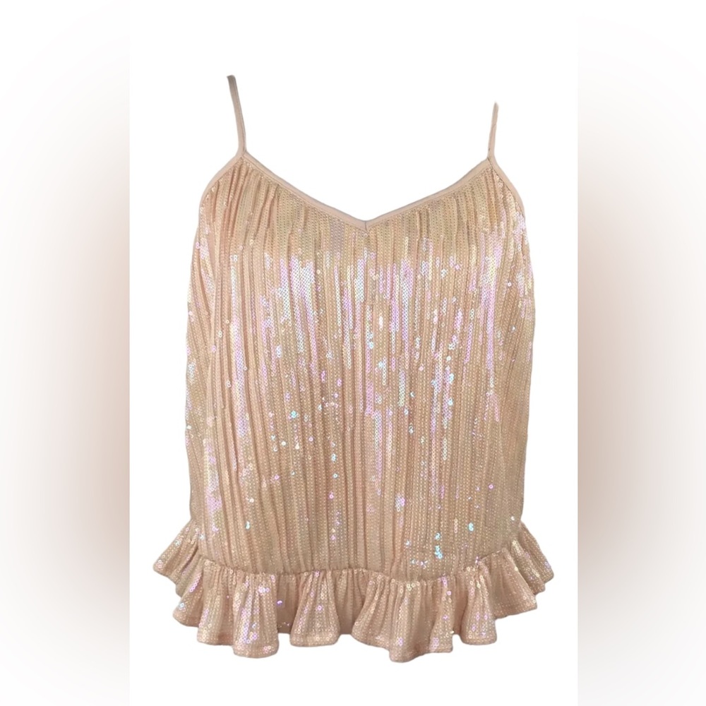Anthropologie Iridescent Pink Sequin Ruffle Hem Camisole